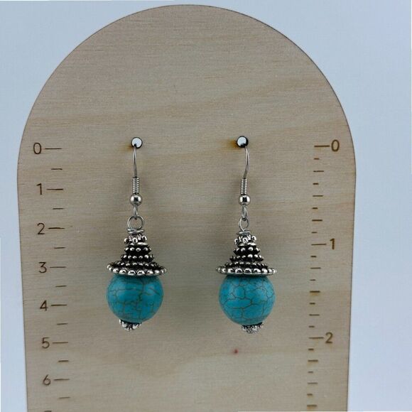 Turquoise Wagnerite Antique Silver Tone Earrings Surgical Steel Hooks - Picture 2 of 7